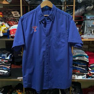 Texas Rangers Port Authority Button Up Shirt Large Royal Blue Short Sleeve MLB